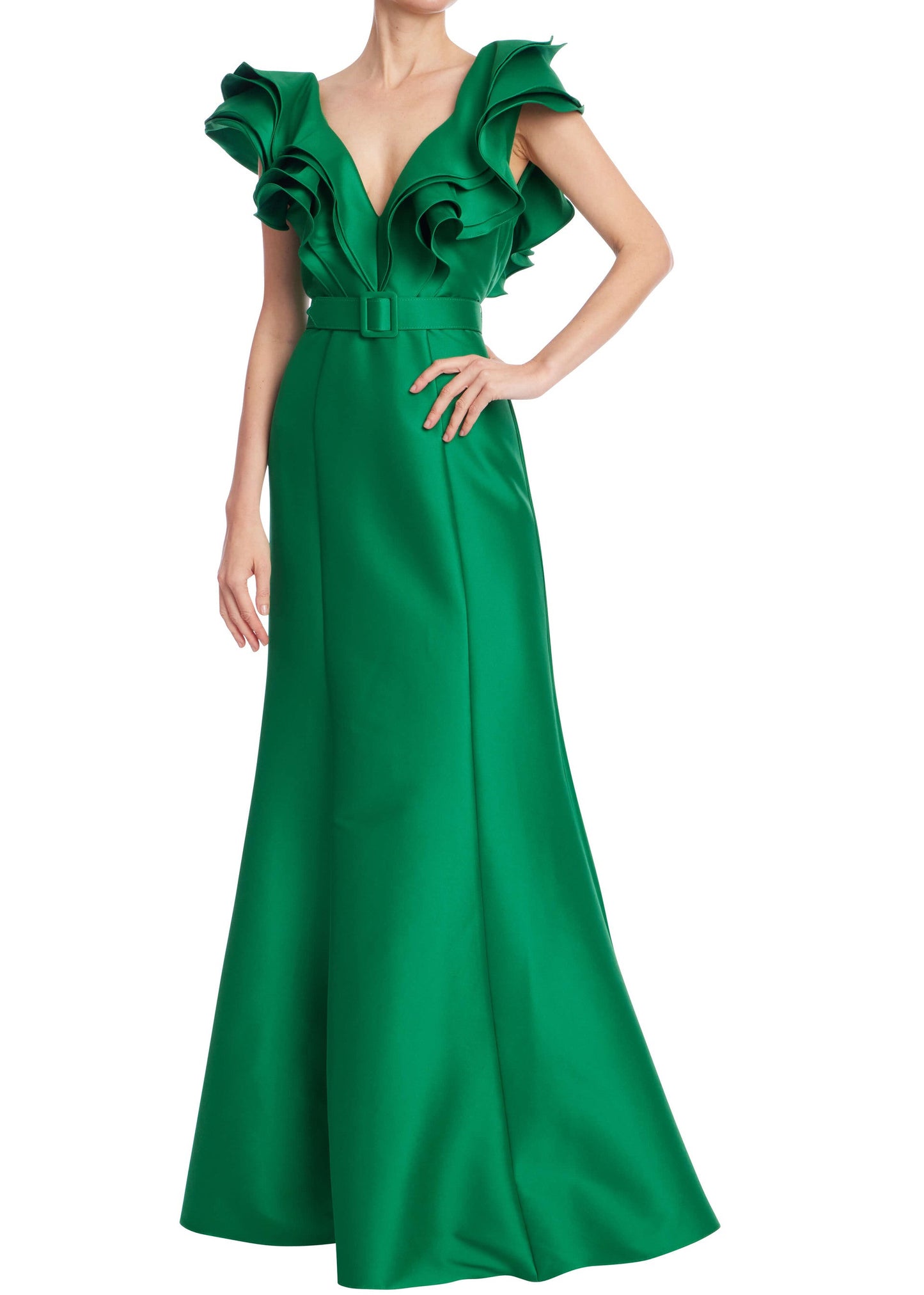 Ruffled Neckline Belted Trumpet Gown