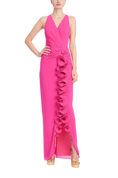 Sleeveless V-Neck Gown w/3D Rosette Ruffle