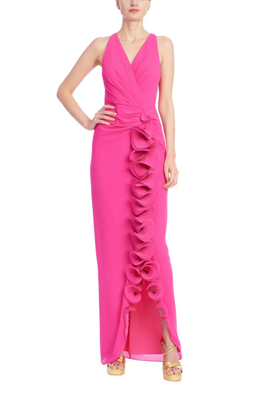 Sleeveless V-Neck Gown w/3D Rosette Ruffle