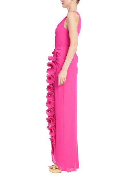 Sleeveless V-Neck Gown w/3D Rosette Ruffle