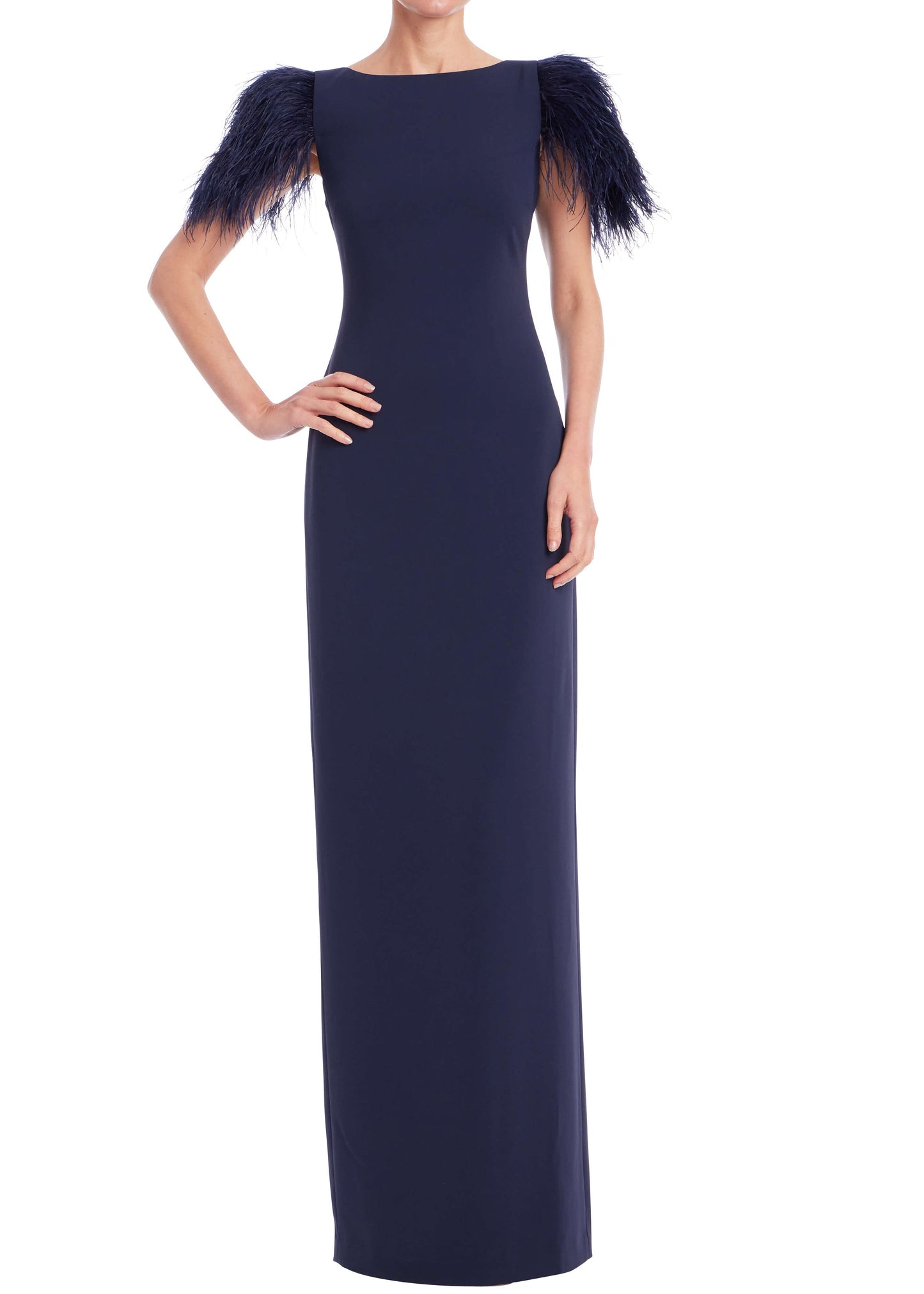 Feather Trim Short Sleeve Column Gown
