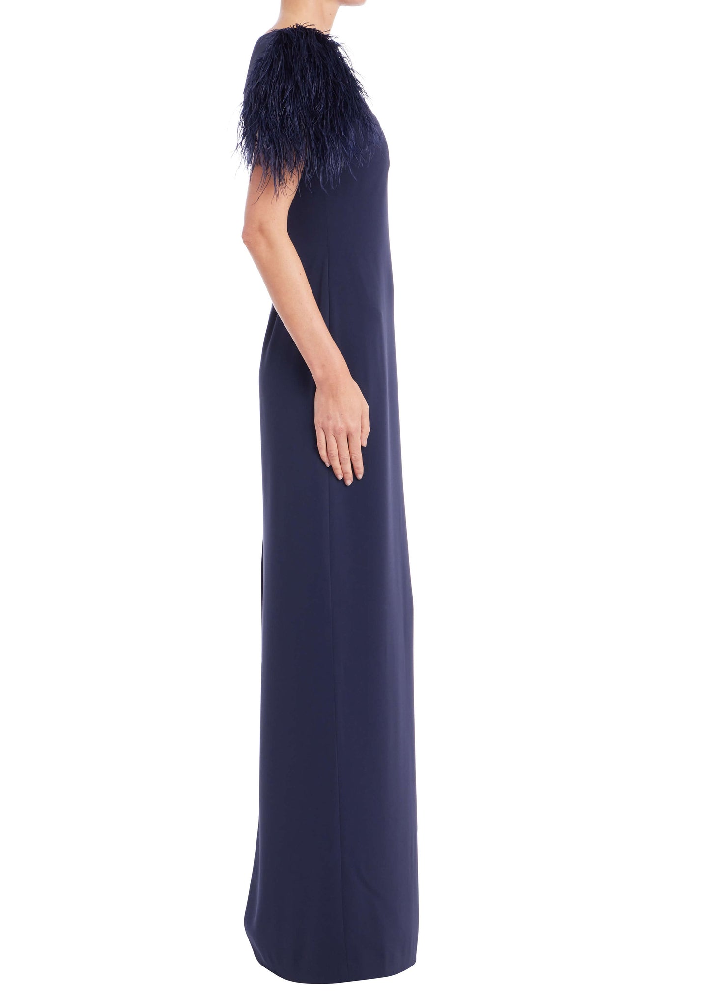 Feather Trim Short Sleeve Column Gown