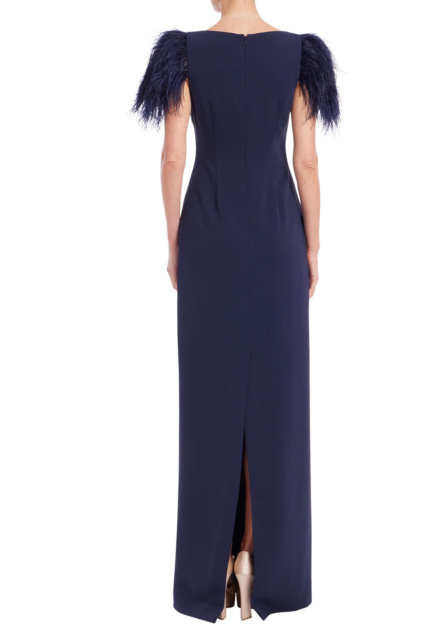 Feather Trim Short Sleeve Column Gown