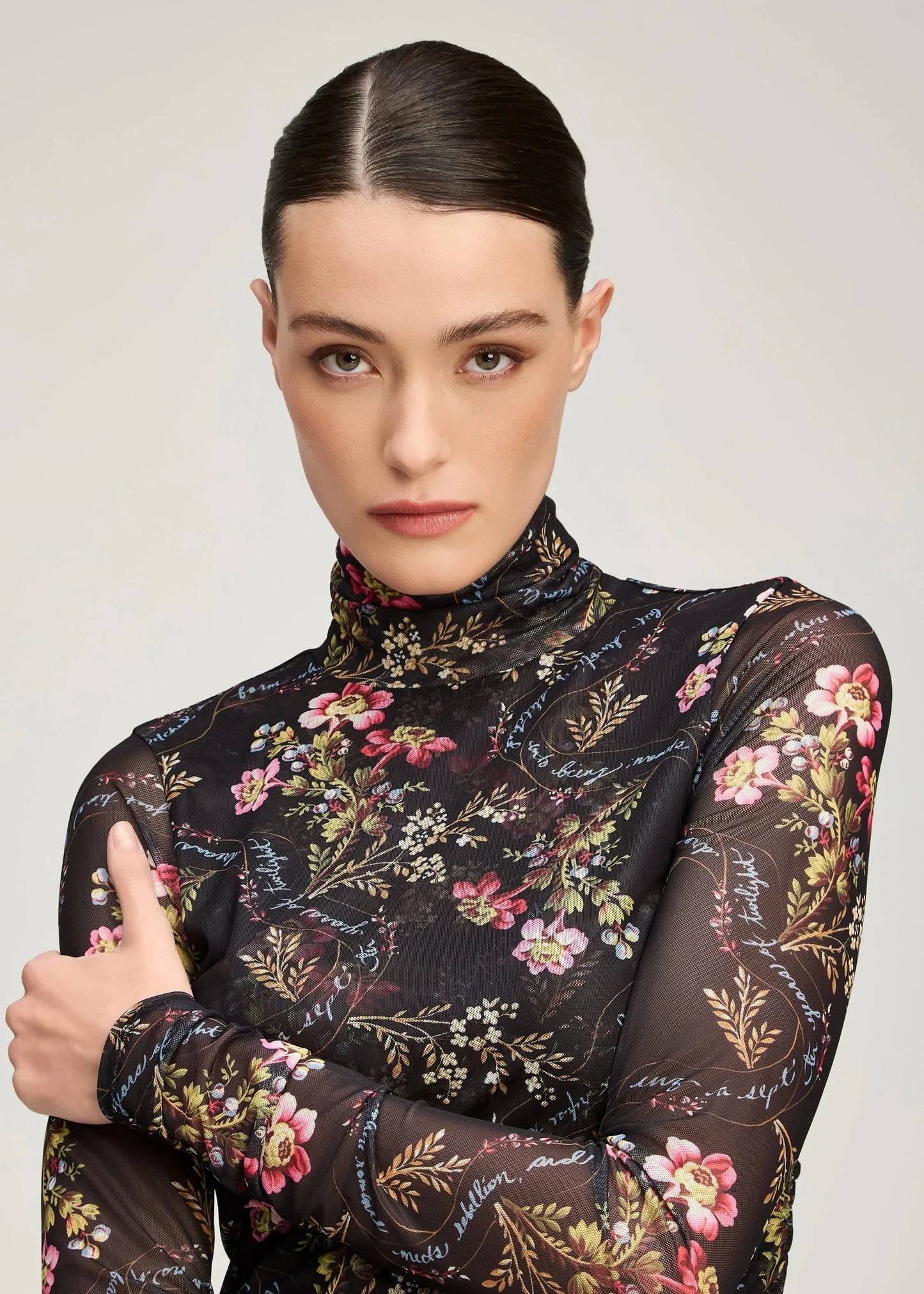 Love Letter Floral Shirred Mesh Turtleneck