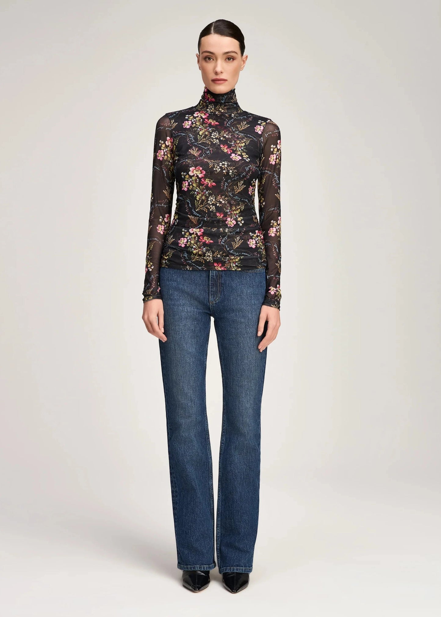Love Letter Floral Shirred Mesh Turtleneck