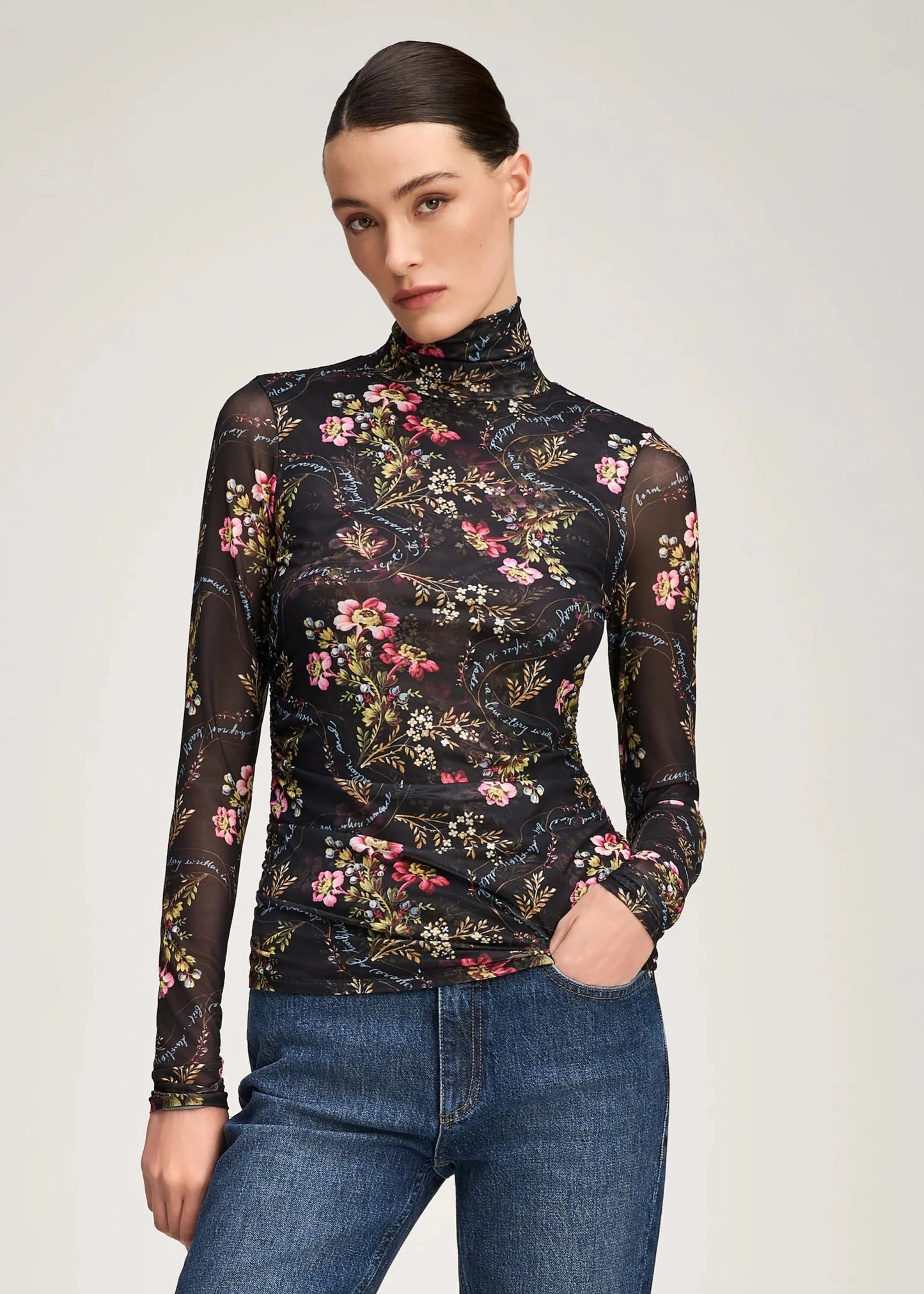 Love Letter Floral Shirred Mesh Turtleneck