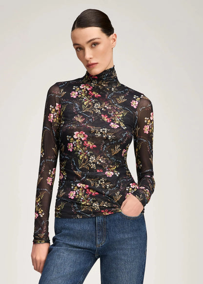 Love Letter Floral Shirred Mesh Turtleneck