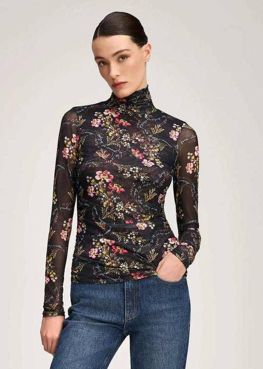 Love Letter Floral Shirred Mesh Turtleneck