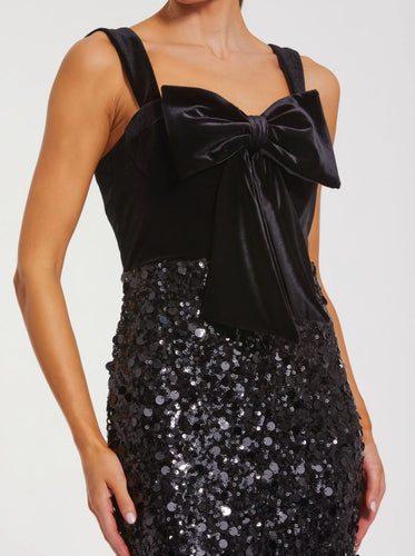 Sequin Column Gown With Velvet Bow