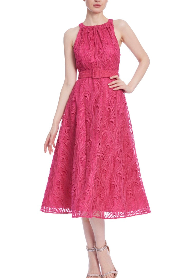 Paisley Lace Halter Midi Dress with Belt