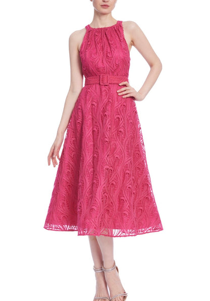 Paisley Lace Halter Midi Dress with Belt