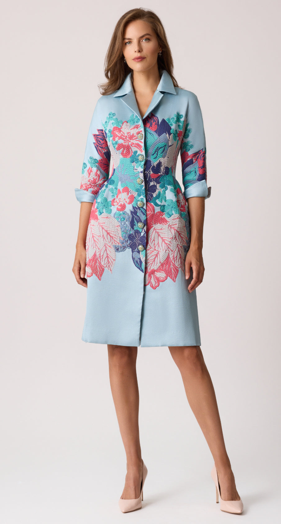 Jacquard Floral Placement Coat Dress