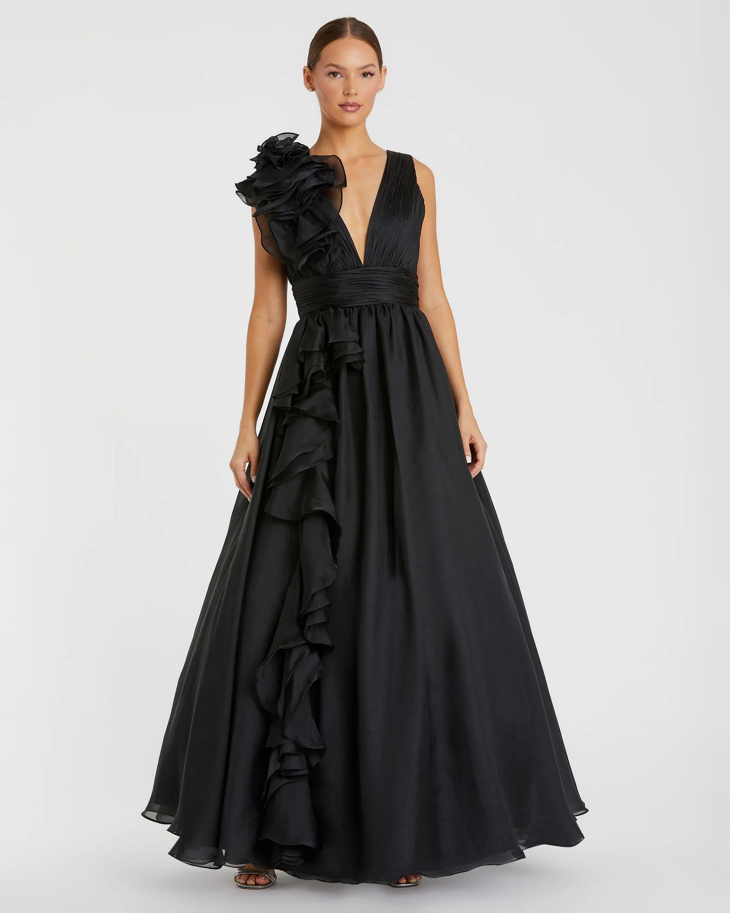 Ruffle Shoulder V-Neck Chiffon Gown