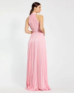 Pleated High Neck Satin Sleeveless Halter Gown