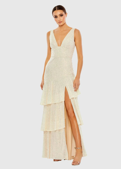 Sequin Asymmetrical Ruffle Tiered Gown