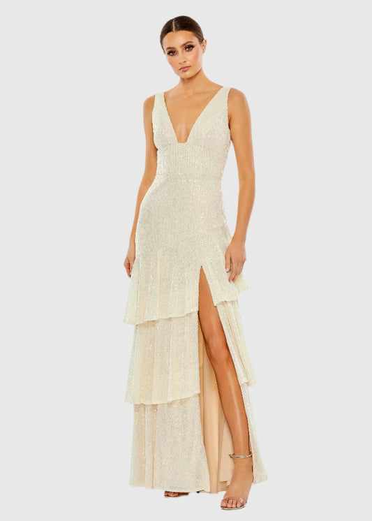 Sequin Asymmetrical Ruffle Tiered Gown