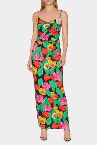 Tulip Rosette Ruched Cowl Neck Midi Dress