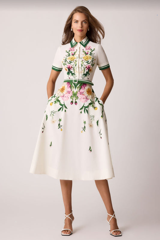 Cotton Flower Print Long Sleeve Shirt Waist Dress