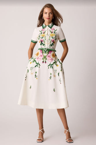 Cotton Flower Print Long Sleeve Shirt Waist Dress