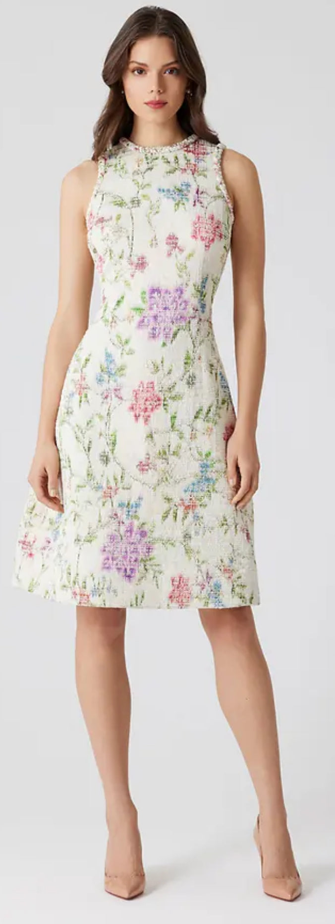 Tweed Basket Weave Print Braid Trim Tank Dress