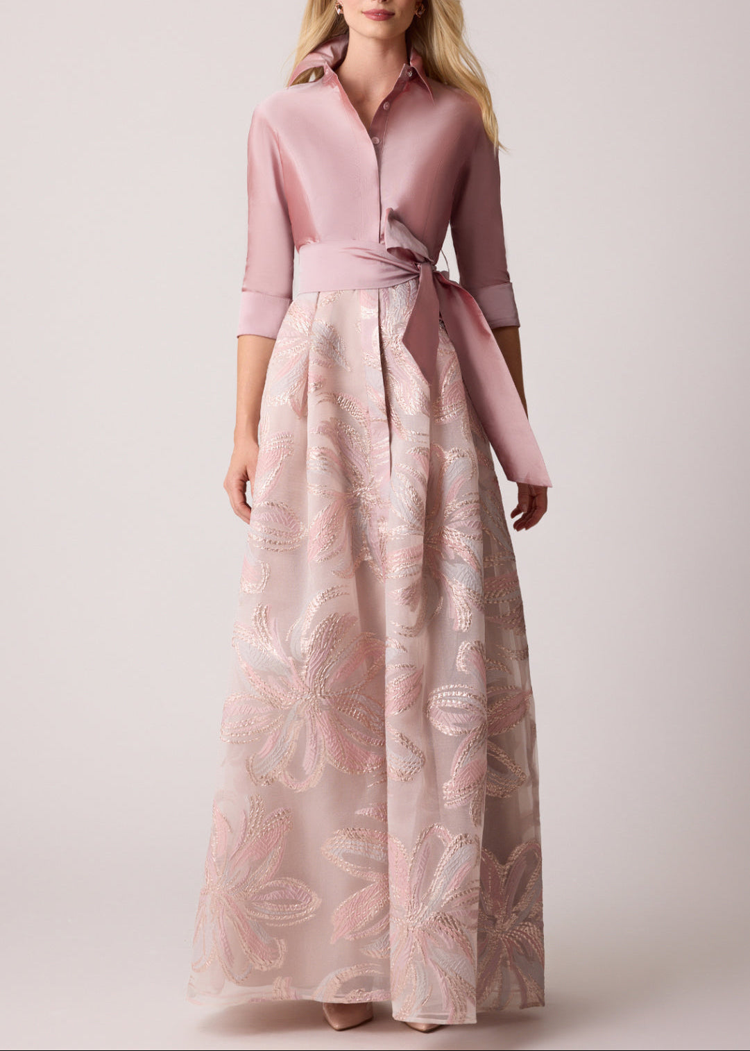 Metallic Taffeta Floral Shirt Waist Gown