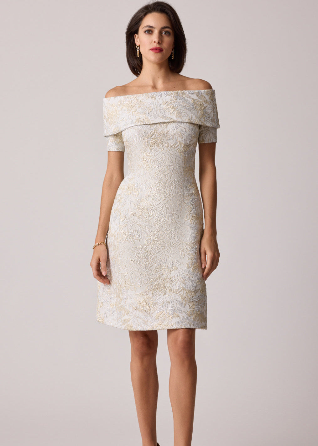 Metallic Jacquard Off Shoulder Short Sleeve Dress