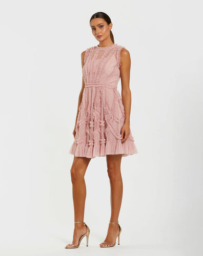 Pink Mesh Micro Ruffle High Nick Mini Dress