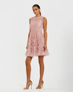 Pink Mesh Micro Ruffle High Nick Mini Dress