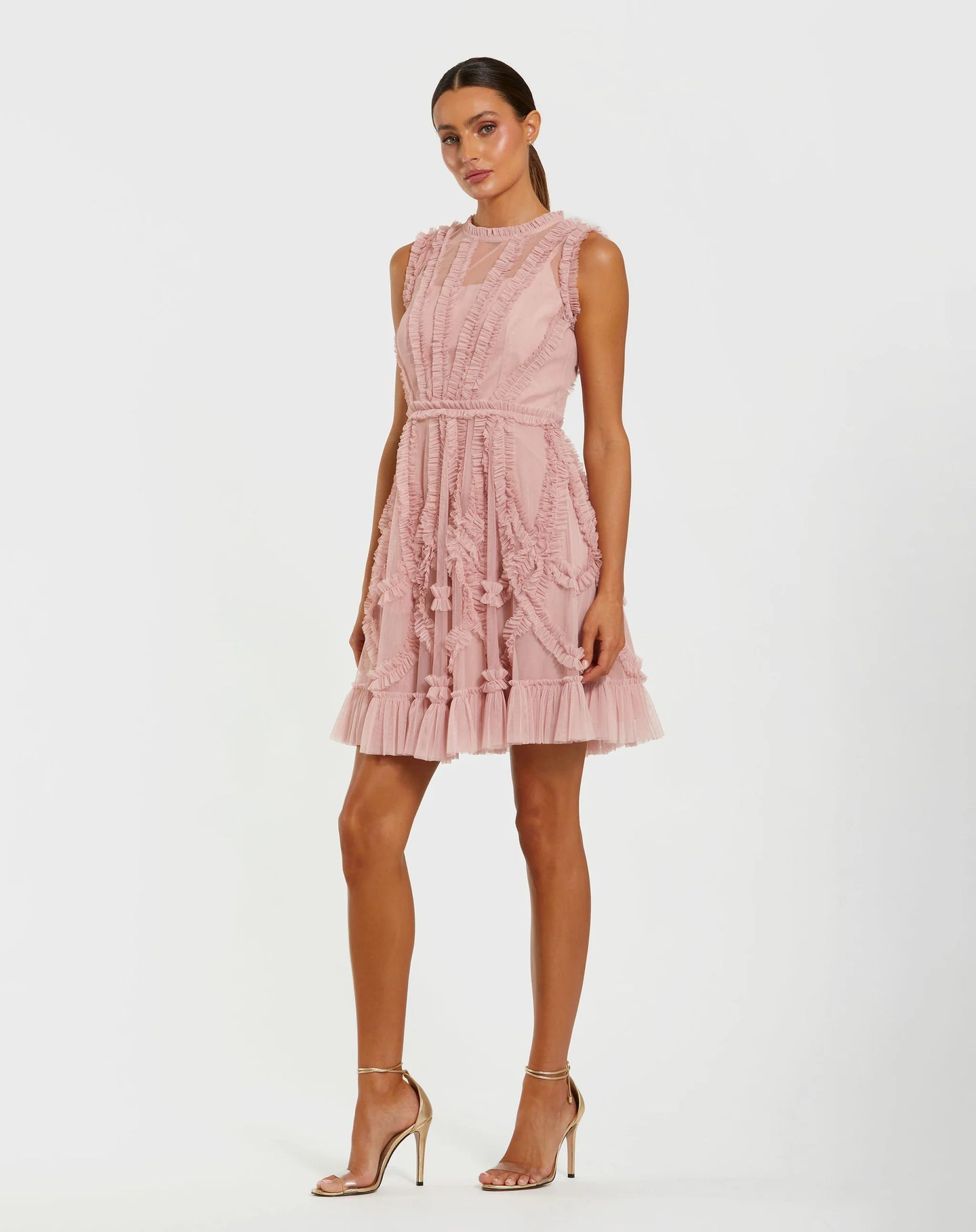 Pink Mesh Micro Ruffle High Nick Mini Dress
