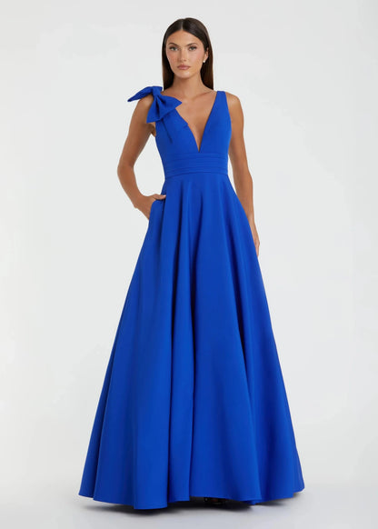 Blue Crepe Sleeveless V Neck Ballgown