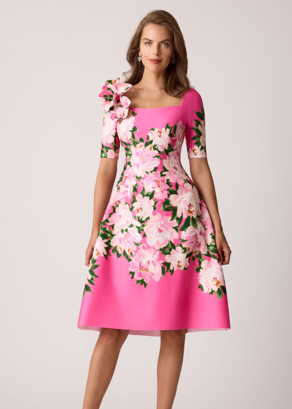 Scuba Square Neck 3D Flower Shoulder Dress