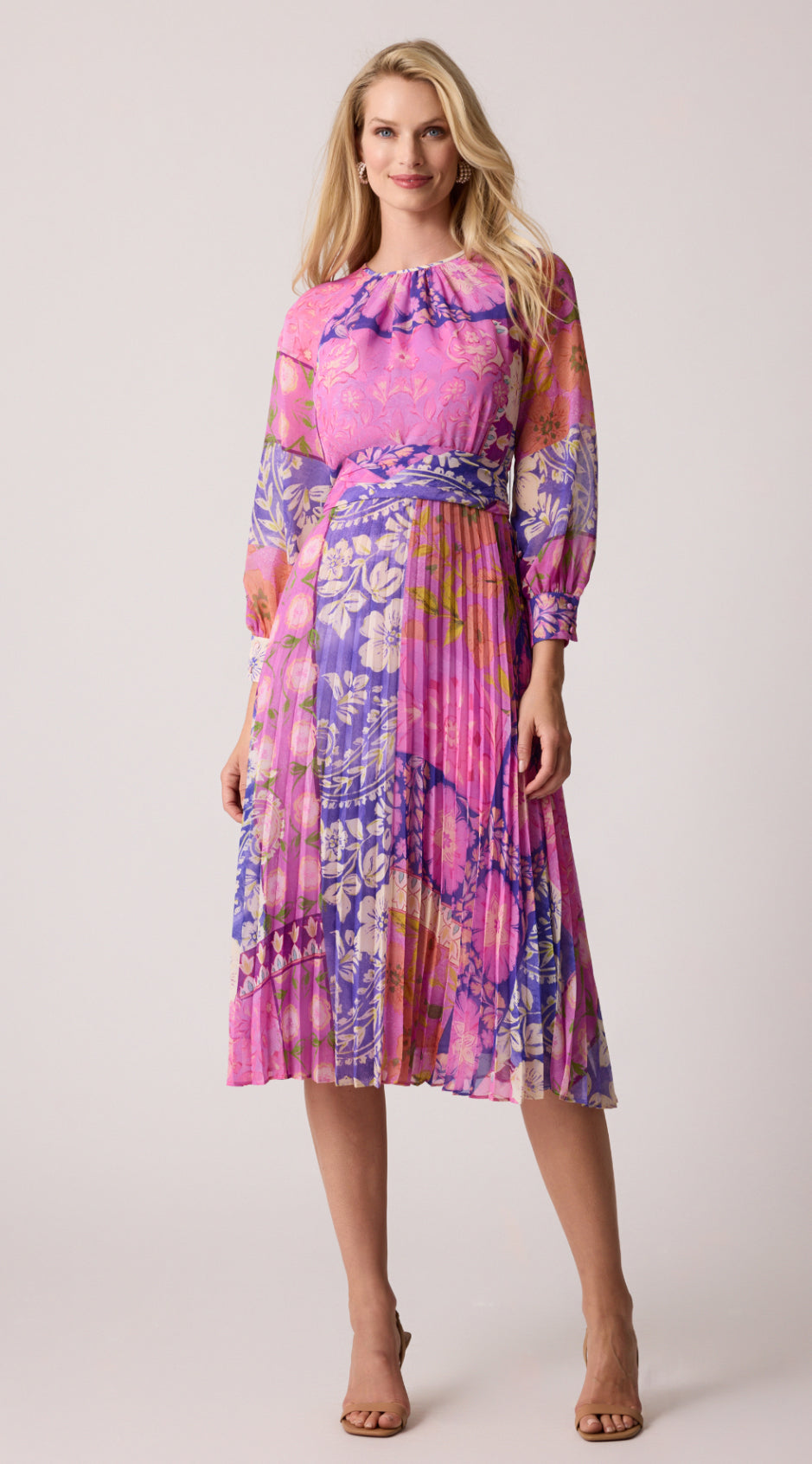 Chiffon Floral Pleated Belted Dress