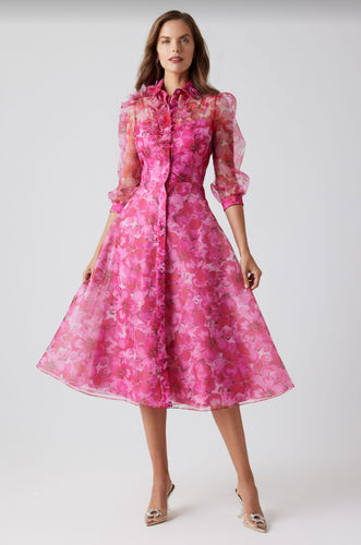 Organza Flower Trim Shirt Waist Dress