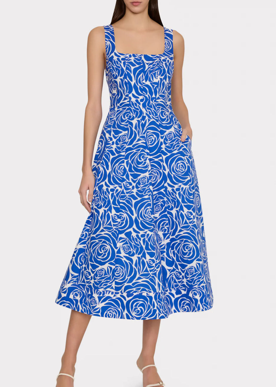 Nia Blue Rose Poplin Midi Dress