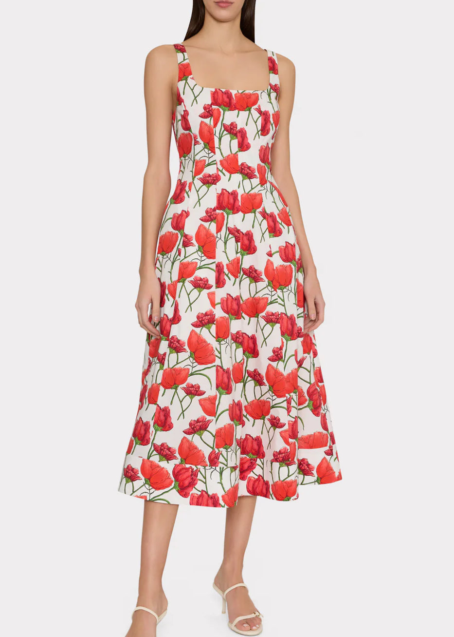 Nia Red Peonia Poplin Midi Dress