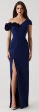 Load image into Gallery viewer, Stretch Crepe 3D Flower Asymmetrical Gown