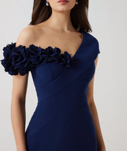Load image into Gallery viewer, Stretch Crepe 3D Flower Asymmetrical Gown