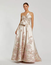 Load image into Gallery viewer, Brocade Strapless Floral Gown With Bow Detail