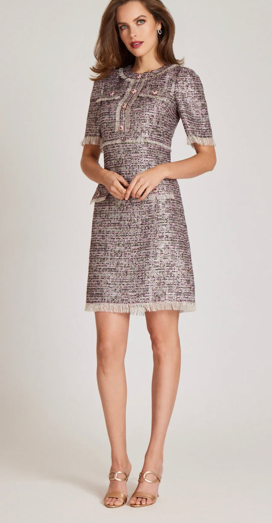 Metallic Tweed Dress with Fringe Hem