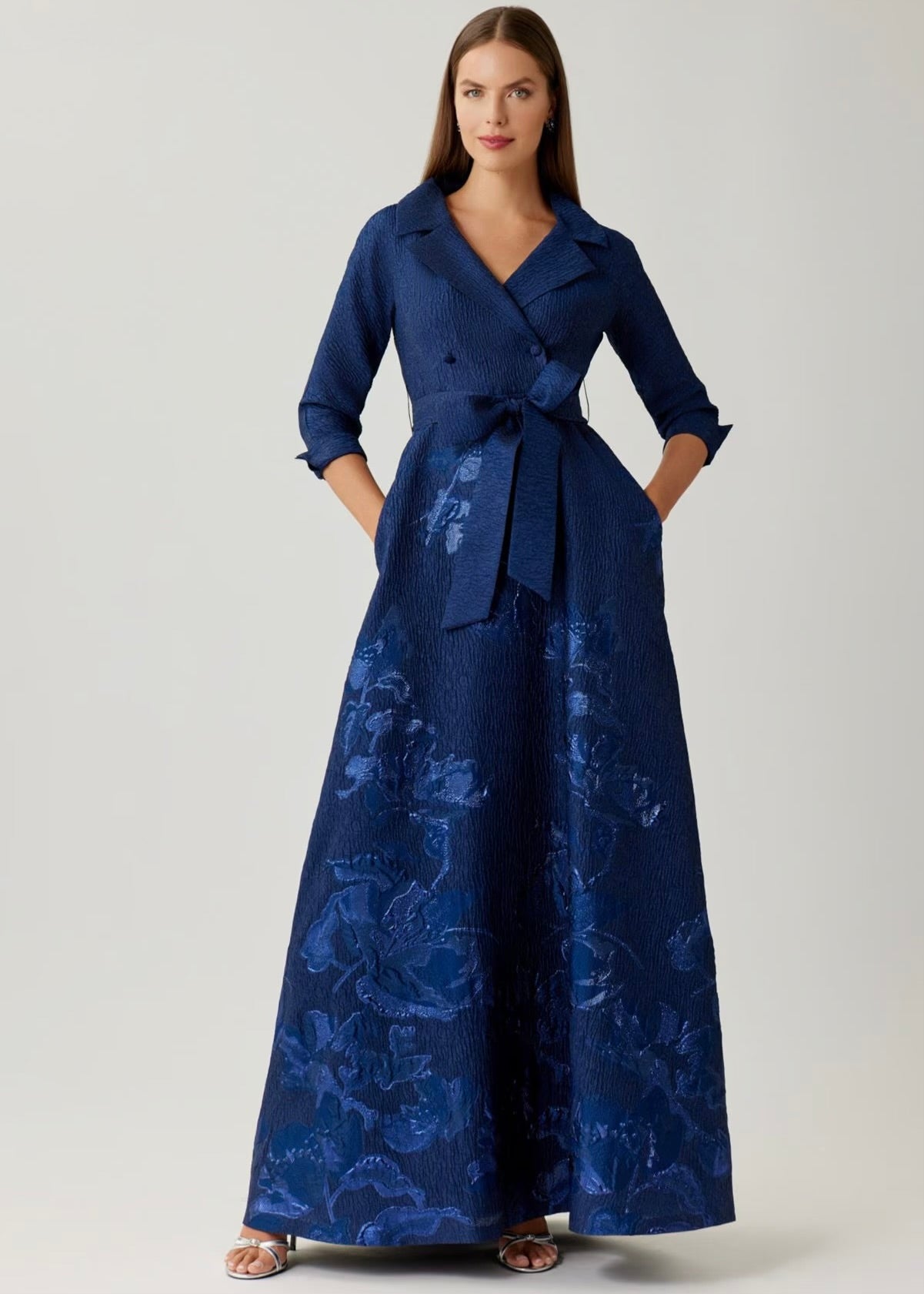 Metallic Jacquard Floral Shirtdress Gown