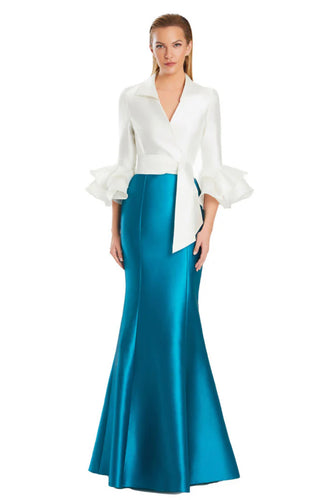 Color Block Long Sleeve Ruffle Gown