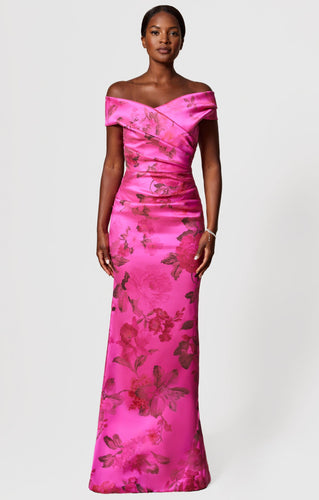 Stretch Printed Gazar Draped Off Shoulder Gown