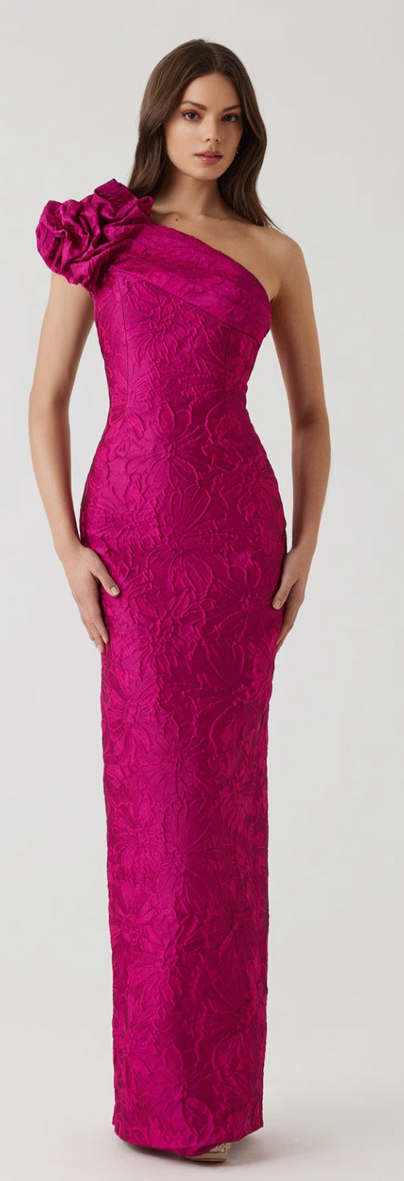 Floral Textured Jacquard Scrunch One Shoulder Gown