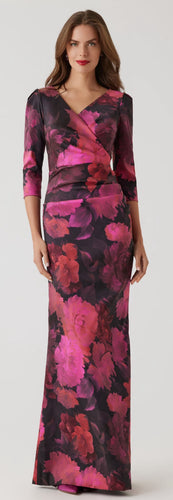 Floral Stretch Mikado Ruched Gown