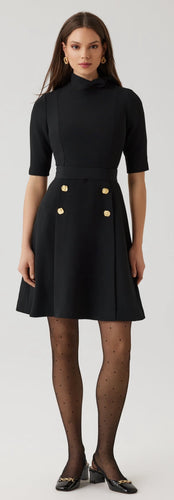 Crepe Fit and Flare Tie Neck Dress with Buttons