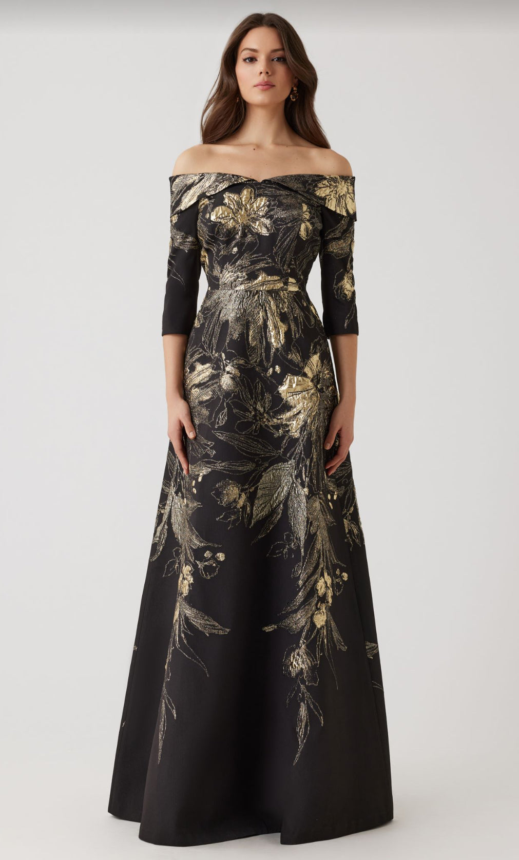 Metallic Jacquard Fold Off the Shoulder Gown