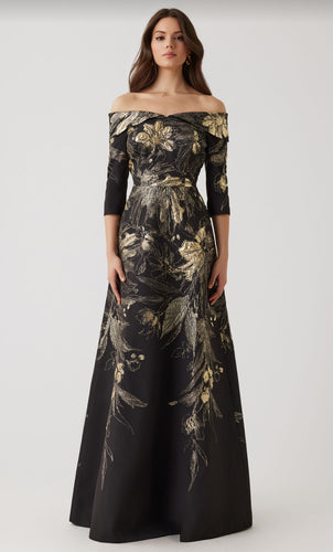 Metallic Jacquard Fold Off the Shoulder Gown