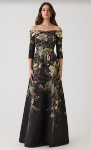 Metallic Jacquard Fold Off the Shoulder Gown