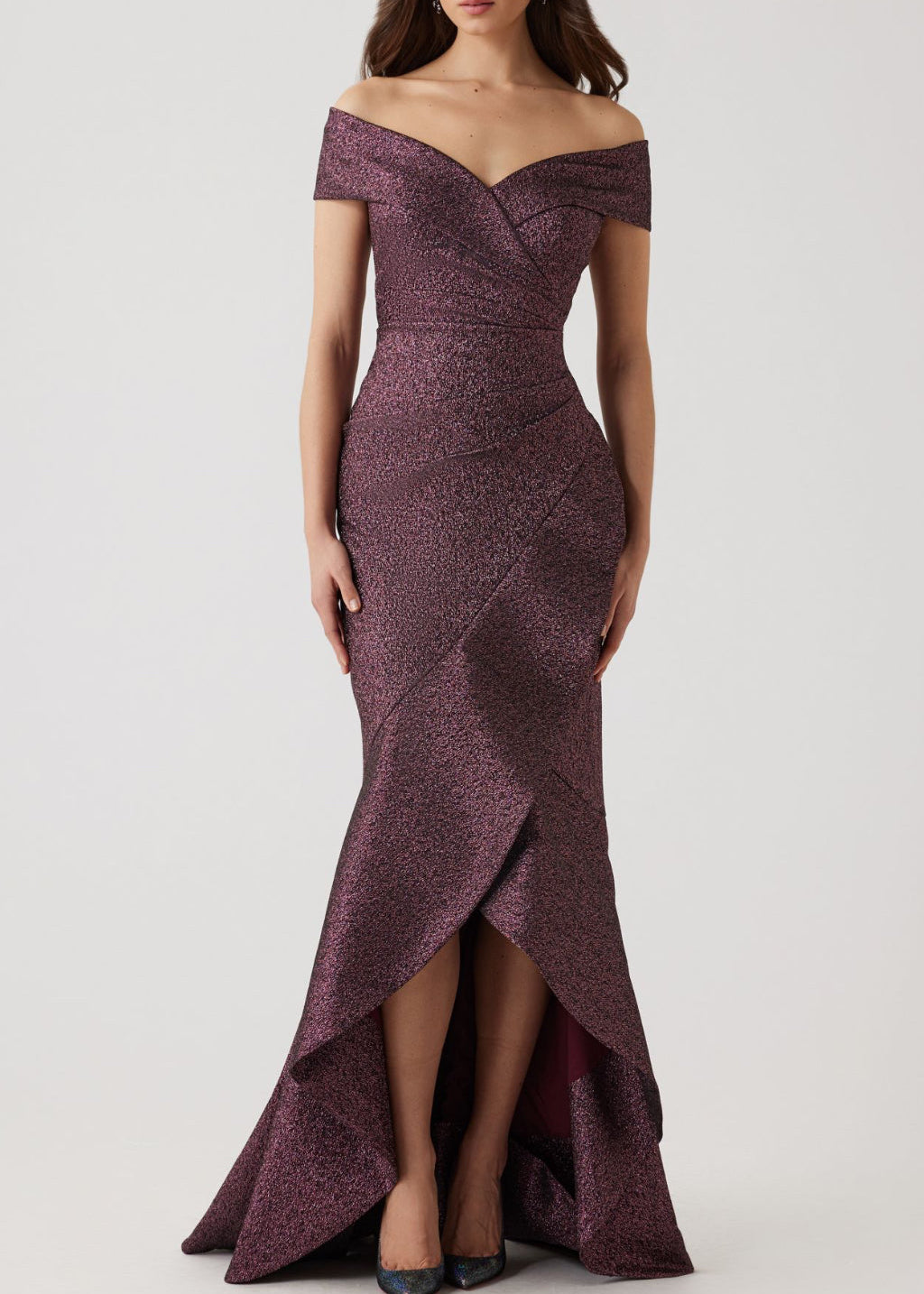 Metallic Jacquard Ruffle High Low Off The Shoulder Gown