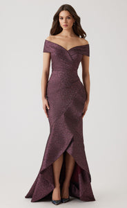 Metallic Jacquard Ruffle High Low Off The Shoulder Gown